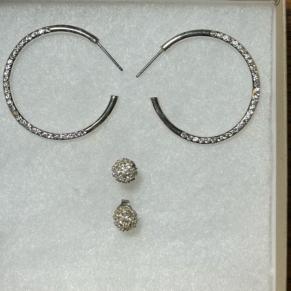 The Loft Earrings, 2 Pair Sparkling Tiny Faux Diamonds, Silver Tone
